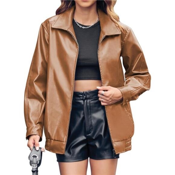 Womens Oversized Jackets Faux Casual Zip Up Brown